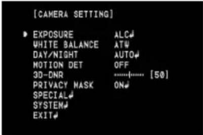 [CAMERA SETTING] ► EXPOSURE ALC WHITE BALANCE ATW DAY/NIGHT AUTO MOTION DET OFF 3D-DNR [50] PRIVACY MASK ON SPECIAL SYSTEM EXIT