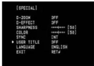 [SPECIAL] D-200M OFF D-EFFECT OFF SHARPNESS [50] COLOR [50] SYNC INT USER TITLE OFF LANGUAGE ENGLISH EXIT RETN