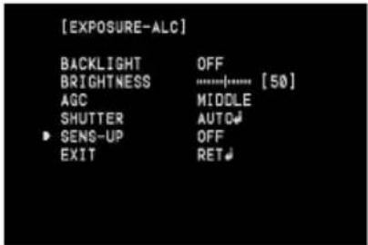 [EXPOSURE-ALC] BACKLIGHT OFF BRIGHTNESS ......[50] AGC MIDDLE SHUTTER AUTO♦ SENS-UP OFF EXIT RET♦