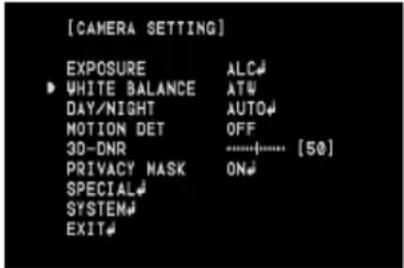 [CAMERA SETTING] EXPOSURE ALC# WHITE BALANCE ATW DAY/NIGHT AUTO# MOTION DET OFF 3D-DNR [50] PRIVACY MASK ON# SPECIAL# SYSTEM# EXIT