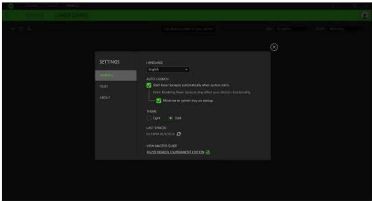 SETTINGS RETURN RESET ABOUT LANGUAGE English AUTO-LAUNCH Start Razer Synapse automatically when system starts More: Disabling Razer Synapse may affect your device's functionality Minimize to system tray on startup THEME Light Dark LAST SPINCE ISSIPRE 05/9/2018 VIEW MASTER GUIDE RAZER REMARKEN TOURNAME/NT EDITION