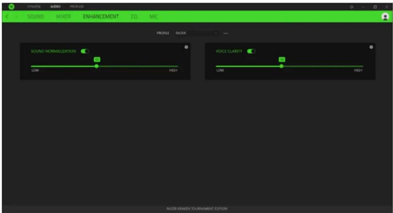 SOUND MIXER ENHANCEMENT EQ MIC PROFILE RAZER SOUND NORMALIZATION 50 LOW HIGH VOICE CLARITY 50 LOW HIGH RAZER KRAMEN TOURNAMENT EDITION