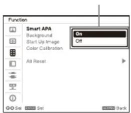 Function Smart APA Background Start Up Image Color Calibration All Reset On Off Set Set Bank