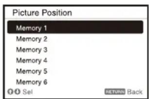 Picture Position Memory 1 Memory 2 Memory 3 Memory 4 Memory 5 Memory 6 OK Sel RETURN Back