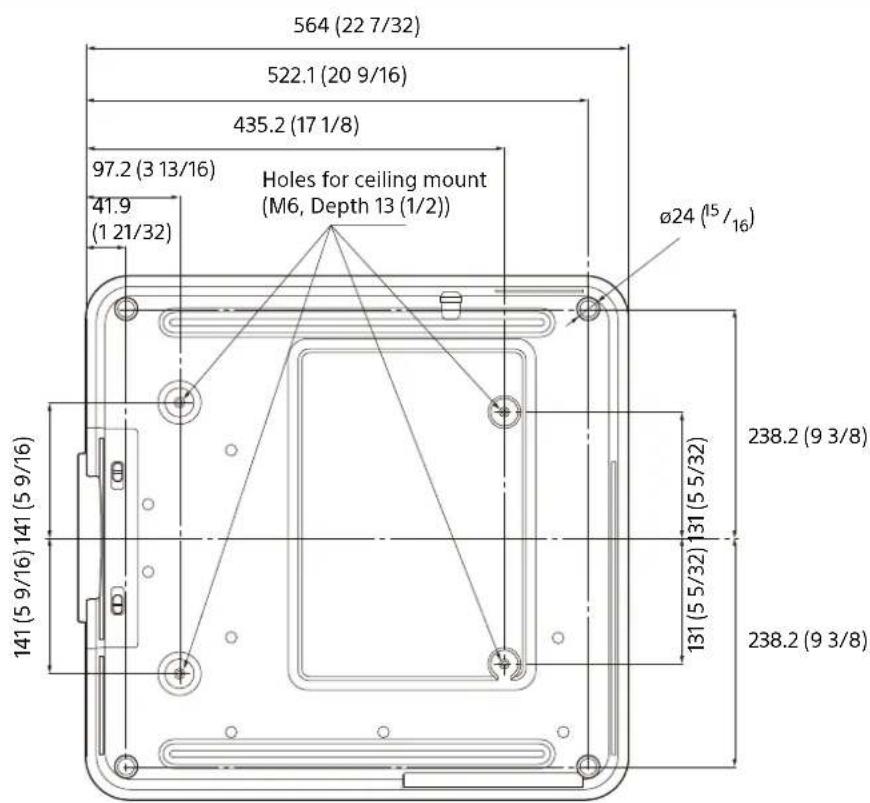564 (22 7/32) 522.1 (20 9/16) 435.2 (17 1/8) 97.2 (3 13/16) Holes for ceiling mount (M6, Depth 13 (1/2)) 41.9 (1 21/32) Ø24 (15 / 16) 141 (5 9/16) 141 (5 9/16) 238.2 (9 3/8) 131 (5 5/32) 131 (5 5/32) 238.2 (9 3/8)