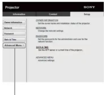 Projector SONY Information Control Setup Owner information Network Password Data & Time Advanced Menu OWNER INFORMATION Set the owner name and installation status of the projector. NETWORK Change the network settings. PASSWORD Set the passwords for the administrator and user for the network function. DATA & TIME Set the NTP server or current time of the projector. ADVANCED MENU Advanced settings.