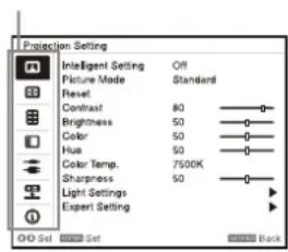 Projection Setting Intelligent Setting Off Picture Mode Standard Reset Contrast 80 Brightness 50 Color 50 Hue 50 Color Temp. 7500K Sharpness 50 Light Settings Expert Setting OK Set Set Back
