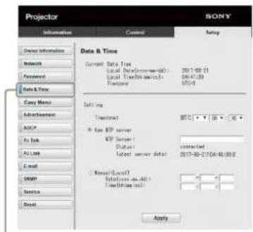 Projector SONY Information Control Setup Data & Time Current Data Time Local Data/Browser-001 Local Data/Server Local Data/Server Transport 4500 Data Time Time/Time 8:00 • • • 100 • • IP User EP server VIP Server Global Latest server data: contacted 2017-06-27(06-06)00 Named (Local) Solutions-on-All Time/Bus shot: Apply