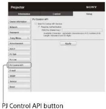 Projector Information Control Setup PJ Control API Start PJ Control API Service ✓ Initialize Application PDL (User)... Available Software, portable cloudless or A-ZI serverless in Length Version 1 and 2 Bits Apply PJ Control API button