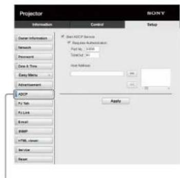 Projector Information Control Setup User Information Network Password Data & Tree Easy Menu Advertisement ASCP Air Tab Air Link Email MAPP HTML Server Server Bear SONY Start ASCP Service Program Administration: App No: 1.0000 Save As: 100% Save Address: Apply