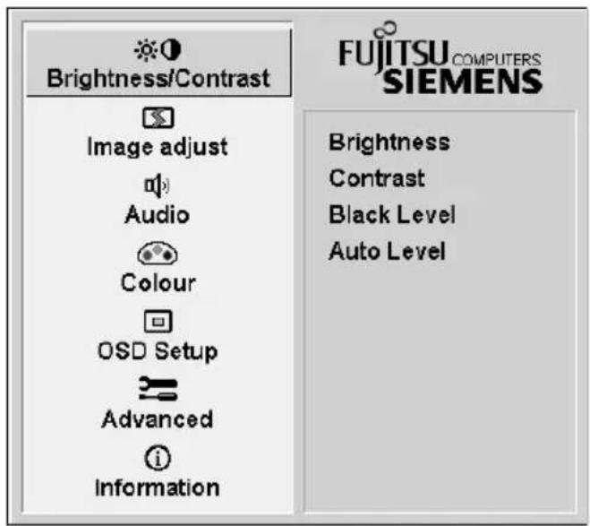 Brightness/Contrast Image adjust Audio Colour OSD Setup Advanced Information FUJITSU COMPUTERS SIEMENS Brightness Contrast Black Level Auto Level