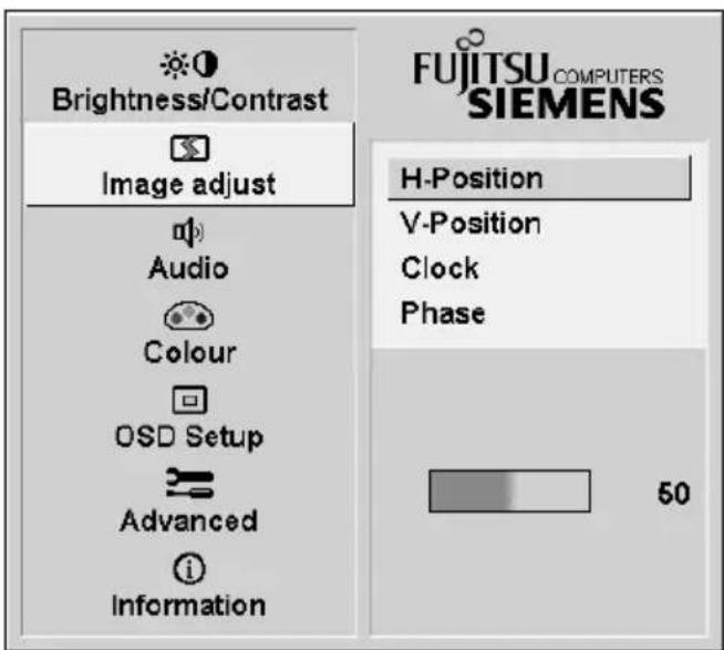 Brightness/Contrast Image adjust Audio Colour OSD Setup Advanced Information FUJITSU COMPUTERS SIEMENS H-Position V-Position Clock Phase 50