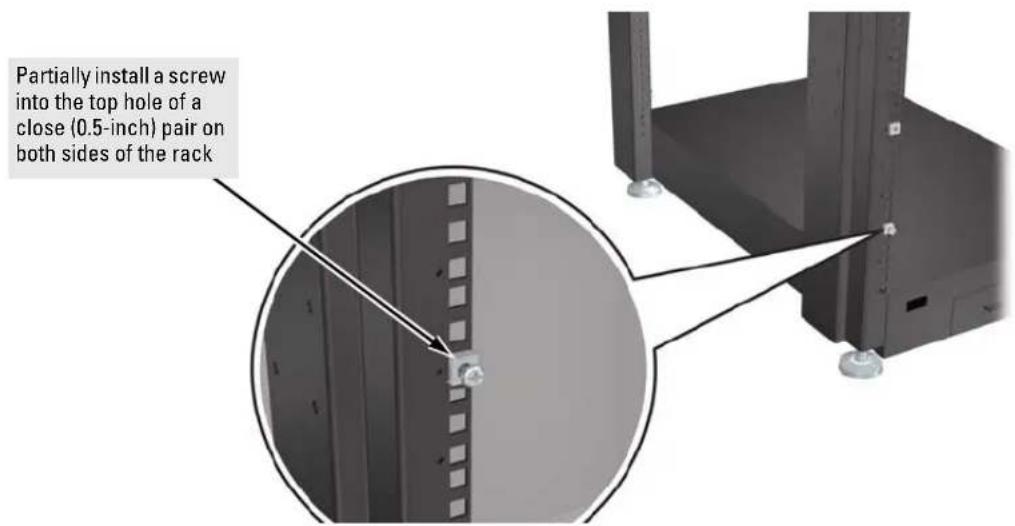 Partially install a screw into the top hole of a close (0.5-inch) pair on both sides of the rack