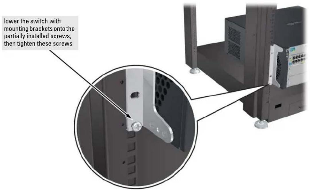 lower the switch with mounting brackets onto the partially installed screws, then tighten these screws