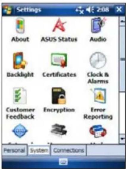 Settings About ASUS Status Audio Backlight Certificates Clock & Alarms Customer Feedback Encryption Error Reporting Personal System Connections
