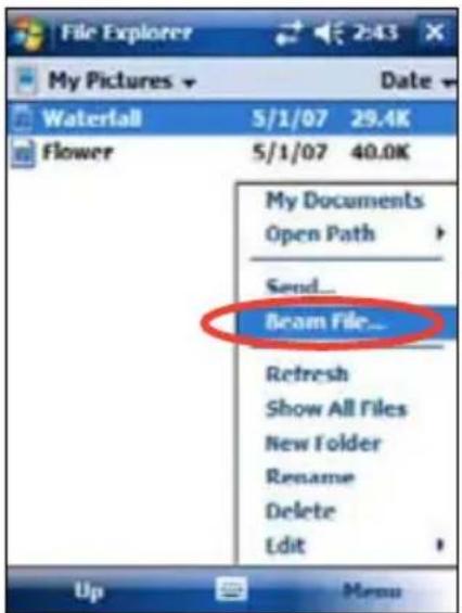 File Explorer My Pictures Waterfall 5/1/07 29.4K Flower 5/1/07 40.0K My Documents Open Path Send... Beam File... Refresh Show All Files New Folder Rename Delete Edit Up Menu