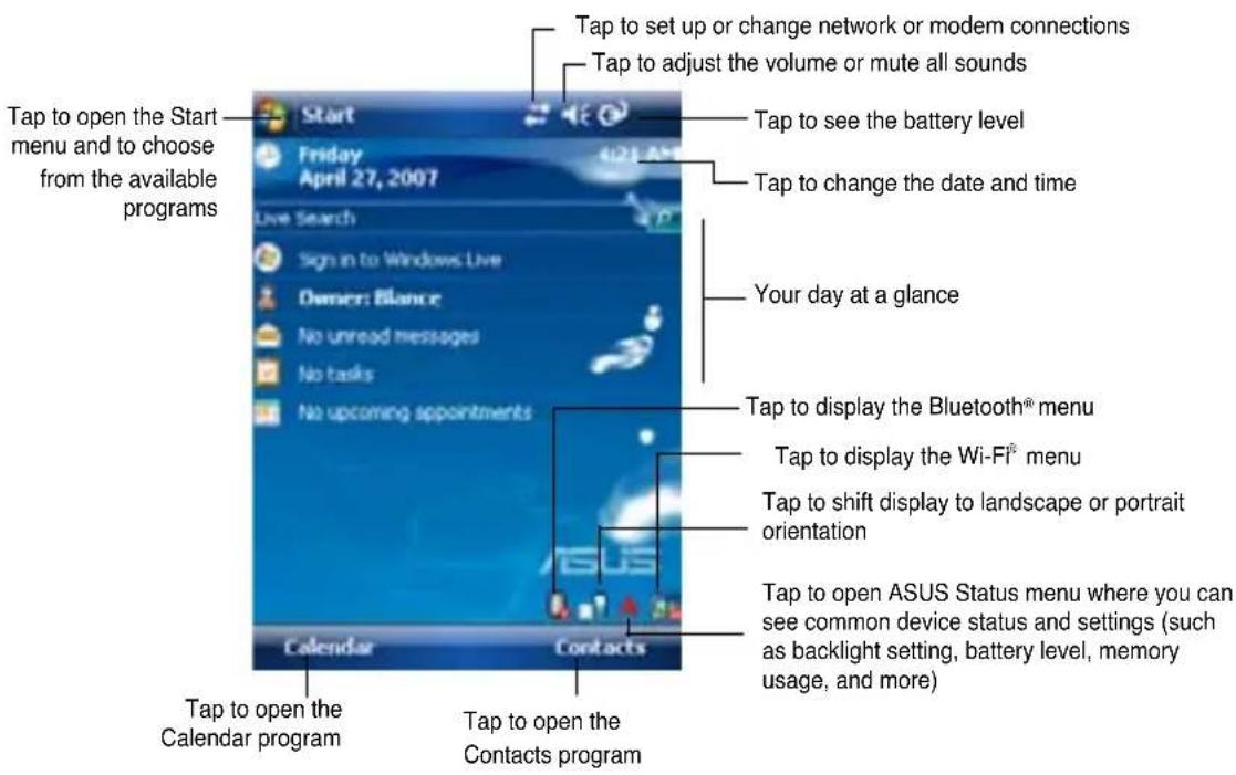 Tap to open the Start menu and to choose from the available programs Start Friday April 27, 2007 Live Search Sign in to Windows Live Owner: Blance No unread messages No tasks No upcoming appointments Tap to set up or change network or modern connections Tap to adjust the volume or mute all sounds Tap to see the battery level Tap to change the date and time Your day at a glance Tap to display the Bluetooth® menu Tap to display the Wi-Fi® menu Tap to shift display to landscape or portrait orientation Tap to open ASUS Status menu where you can see common device status and settings (such as backlight setting, battery level, memory usage, and more) Tap to open the Calendar program Calendar Contacts Tap to open the Contacts program