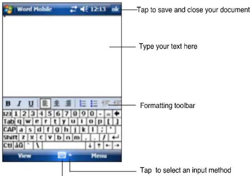 Word Mobile Tap to save and close your document Type your text here Formatting toolbar Tap to select an input method