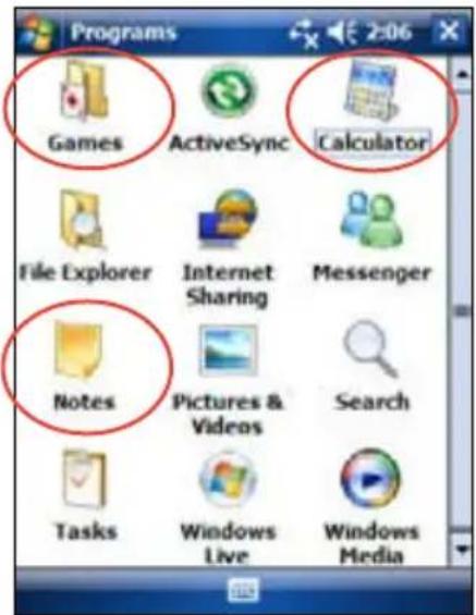 Programs Games ActiveSync Calculator File Explorer Internet Sharing Messenger Notes Pictures & Videos Search Tasks Windows Live Windows Media