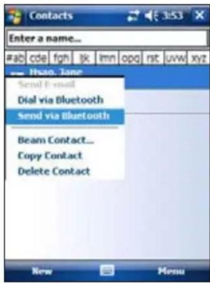 Contacts Enter a name... #ab cde fgh jk imn opq rst uvw xyz Home: Jane Send E-mail Dial via Bluetooth Send via Bluetooth Beam Contact... Copy Contact Delete Contact New Menu