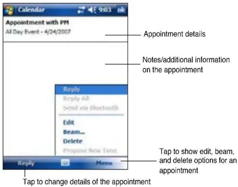 Calendar Appointment with PM All Day Event - 4/24/2007 Appointment details Notes/additional information on the appointment Reply Reply All Send via Bluetooth Edit Beam... Delete Propose New Time Reply Menu Tap to change details of the appointment Tap to show edit, beam, and delete options for an appointment