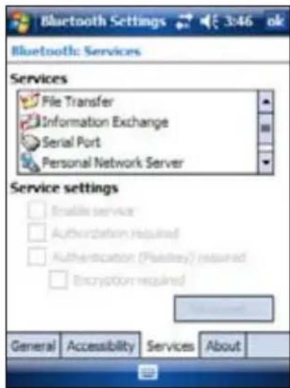 Bluetooth Settings 3:46 ok Bluetooth: Services Services File Transfer Information Exchange Serial Port Personal Network Server Service settings Enable service Authorization required Authentication (Filekey) required Encryption required General Accessibility Services About