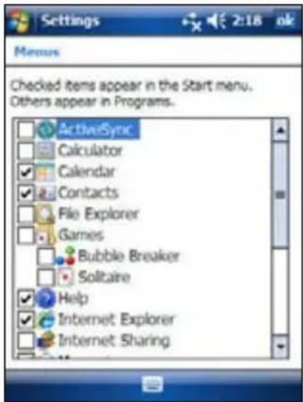 Settings 2:18 ok Menus Checked items appear in the Start menu. Others appear in Programs. ActiveSync Calculator Calendar Contacts File Explorer Games Bubble Breaker Solitaire Help Internet Explorer Internet Sharing