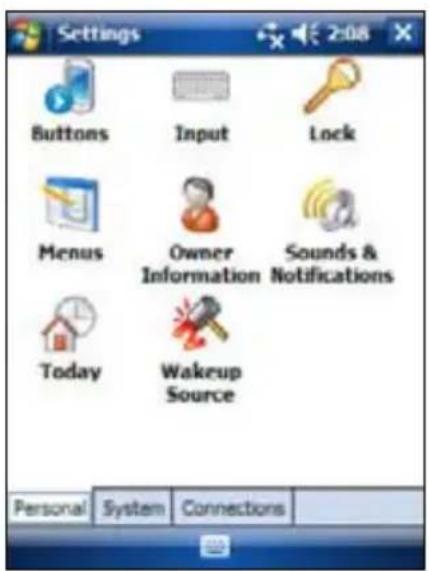 Settings Buttons Input Lock Menus Owner Information Sounds & Notifications Today Wakeup Source Personal System Connections