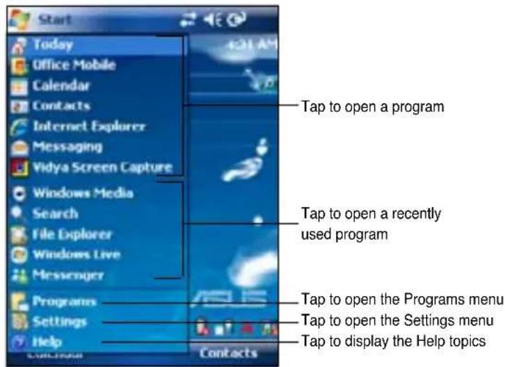 Start Today Office Mobile Calendar Contacts Internet Explorer Messaging Vidya Screen Capture Windows Media Search File Explorer Windows Live Messenger Programs Settings Help Contacts Tap to open a program Tap to open a recently used program Tap to open the Programs menu Tap to open the Settings menu Tap to display the Help topics