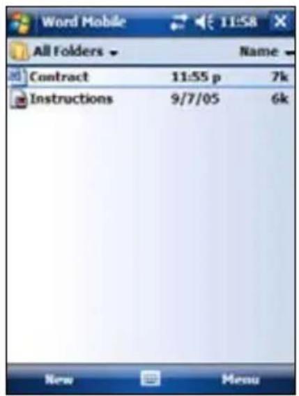 Word Mobile All Folders Name Contract 11:55 p 7k Instructions 9/7/05 6k New Menu