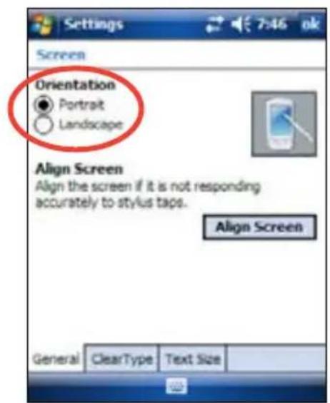 Settings 7:46 ok Screen Orientation ● Portrait ○ Landscape Align Screen Align the screen if it is not responding accurately to stylus taps. Align Screen General ClearType Text Size