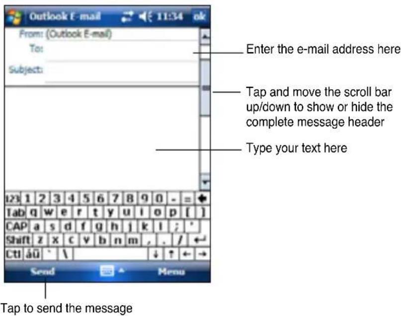 Outlook E-mail From: (Outlook E-mail) To: Subject: Enter the e-mail address here Tap and move the scroll bar up/down to show or hide the complete message header Type your text here 123 1 2 3 4 5 6 7 8 9 0 - = + Tab q w e r t y u i o p [ ] CAP a s d f g h j k l ; ' Shift z x c v b n m , . / ← CtI áü ` \ ↓ ↑ ← → Send Menu Tap to send the message