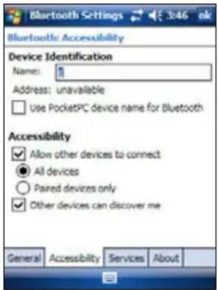 Bluetooth Settings 3:46 ok Bluetooth: Accessibility Device Identification Name: Address: unavailable Use PocketPC device name for Bluetooth Accessibility Allow other devices to connect All devices Paired devices only Other devices can discover me General Accessibility Services About