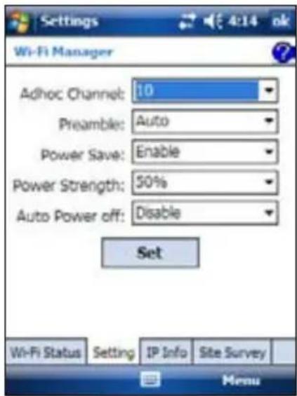 Settings Wi-Fi Manager Adhoc Channel: 10 Preamble: Auto Power Save: Enable Power Strength: 50% Auto Power off: Disable Set Wi-Fi Status Setting IP Info Site Survey Menu