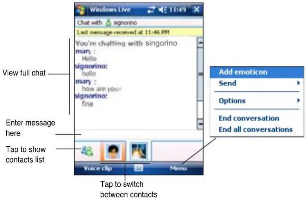 Windows Live Chat with signorino Last message received at 11:46 PM You're chatting with singorino man : Hello signorino: hello many : how are your signorino: fine View full chat Enter message here Tap to show contacts list Add emoticon Send Options End conversation End all conversations Voice clip Menu Tap to switch between contacts