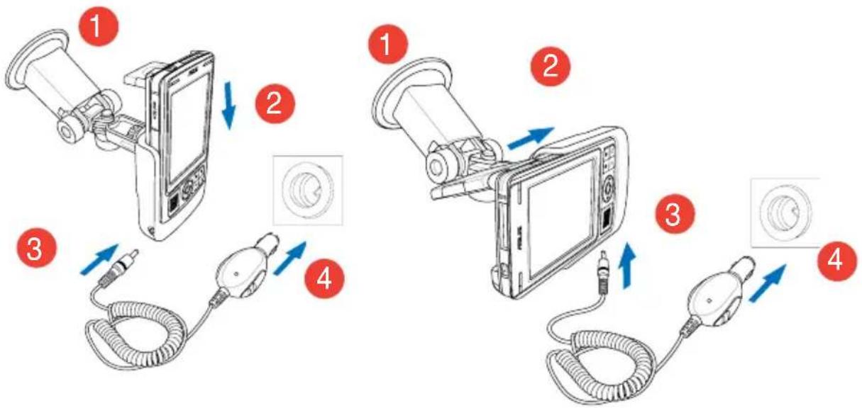 Diagram showing four steps of a device connection with labeled parts and directional arrows indicating movement.