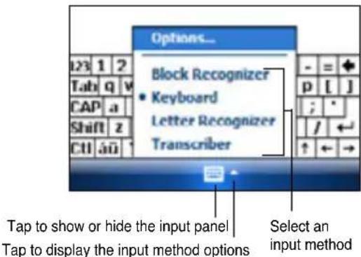Options... Block Recognizer • Keyboard Letter Recognizer Transcriber Tap to show or hide the input panel Tap to display the input method options Select an input method