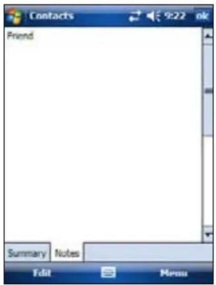 Contacts 9:22 ok Friend Summary Notes Edit Menu