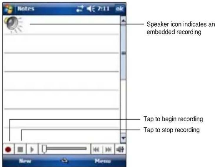 Speaker icon indicates an embedded recording Tap to begin recording Tap to stop recording