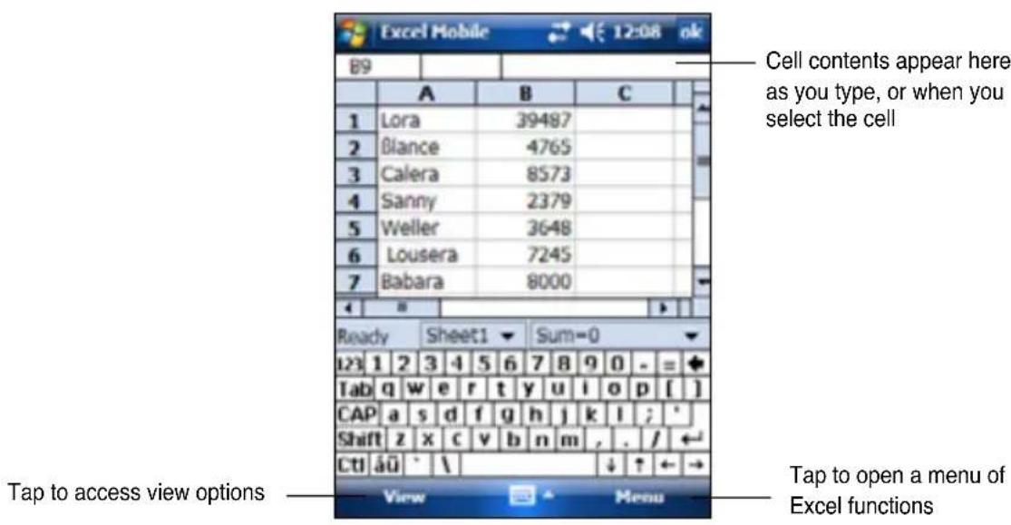 Excel Mobile B9 A B C 1 Lora 39487 2 Glance 4765 3 Calera 8573 4 Sanny 2379 5 Weller 3648 6 Lousera 7245 7 Babara 8000 Ready Sheet1 Sum=0 123 1 2 3 4 5 6 7 8 9 0 - = Tab qw e r t y u i o p [ ] CAP a s d f g h_j k_l ;' Shift z x c v b n m , . / ← Ctl âü \ ↓↑←→ View Menu Tap to access view options Cell contents appear here as you type, or when you select the cell Tap to open a menu of Excel functions