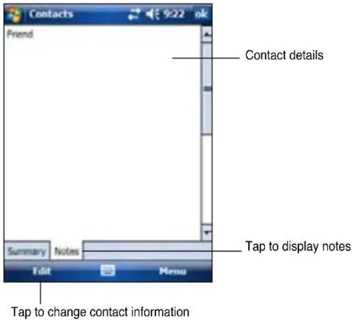 Contacts 9:22 ok Friend Contact details Tap to display notes Summary Notes Edit Menu Tap to change contact information