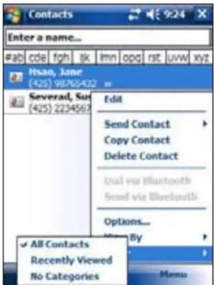 Contacts Enter a name... #ab cde fgh jk imn opd rst uvw xyz Hsao, Jane (425) 98765402 w Several, Sun (425) 2234567 Edit Send Contact Copy Contact Delete Contact Dual via Bluetooth Send via Bluetooth Options... ✓ All Contacts Recently Viewed No Categories By Menu