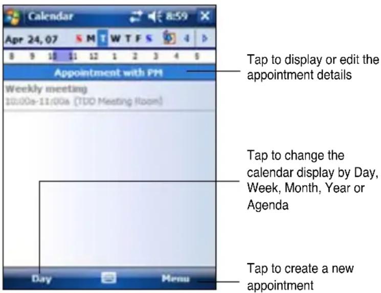 Calendar Apr 24, 07 S M T W T F S 8 9 10 11 12 1 2 3 4 5 Appointment with PM Weekly meeting 10:00s-11:00s (TDD Meeting Room) Day Menu Tap to display or edit the appointment details Tap to change the calendar display by Day, Week, Month, Year or Agenda Tap to create a new appointment