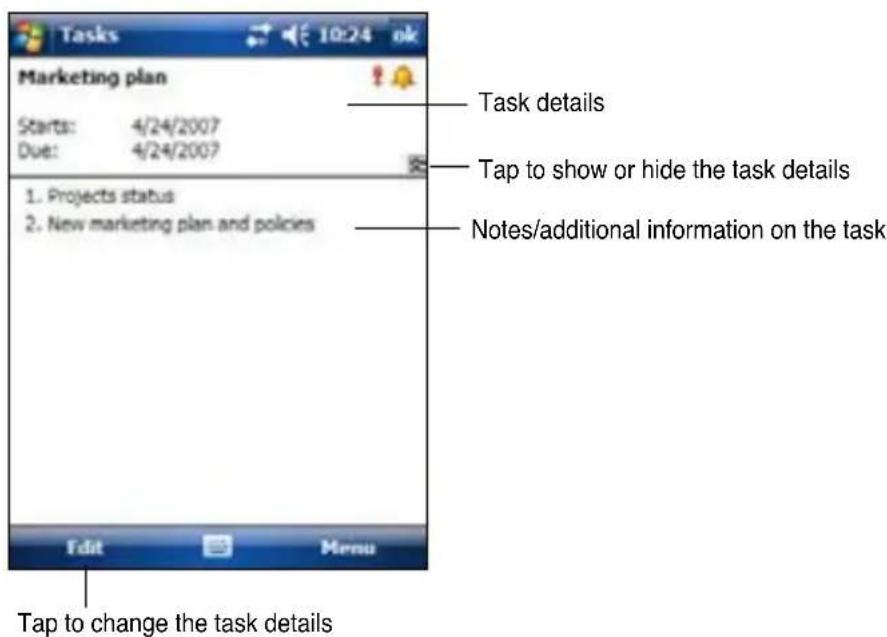 Tasks Marketing plan Starts: 4/24/2007 Due: 4/24/2007 Task details Tap to show or hide the task details 1. Projects status 2. New marketing plan and policies Notes/additional information on the task Edit Menu Tap to change the task details