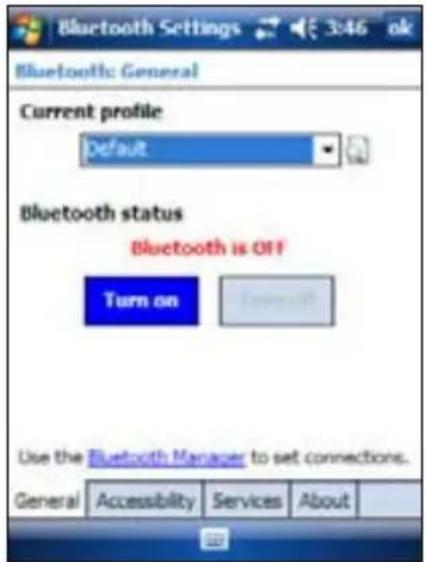 Bluetooth Settings 3:46 ok Bluetooth: General Current profile Default Bluetooth status Bluetooth is OFF Turn on Use the Bluetooth Manager to set connections. General Accessibility Services About