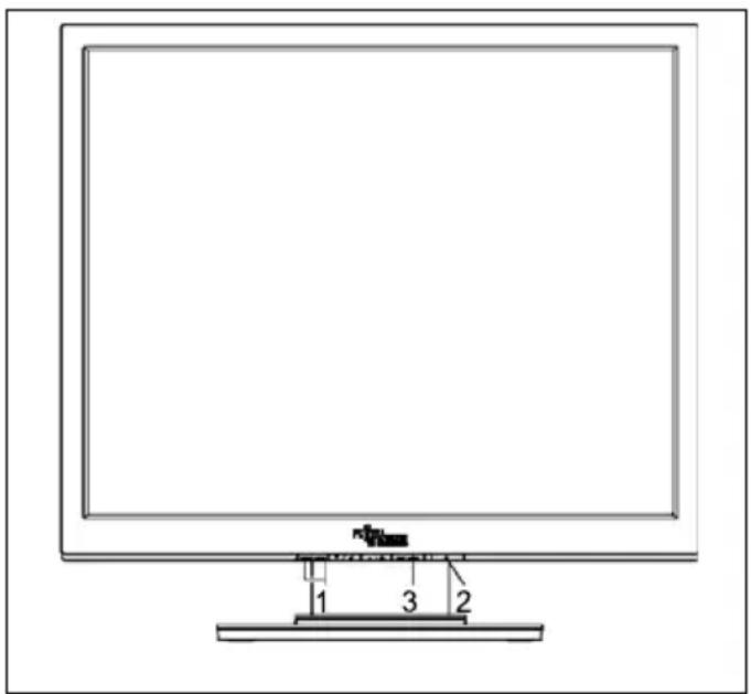 Diagram of a computer monitor with labeled parts, showing front, top, and side views with numerical annotations.
