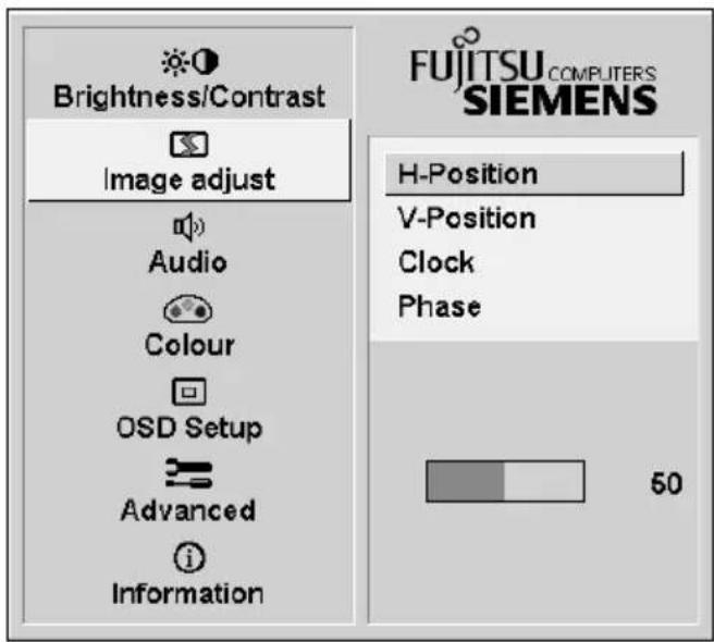 Brightness/Contrast Image adjust Audio Colour OSD Setup Advanced Information FUJITSU COMPLITERS SIEMENS H-Position V-Position Clock Phase 50