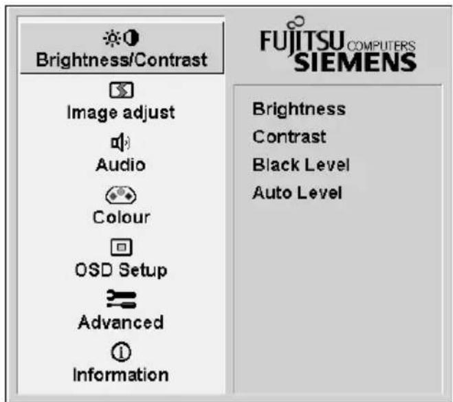 Brightness/Contrast Image adjust Audio Colour OSD Setup Advanced Information FUJITSU COMPUTERS SIEMENS Brightness Contrast Black Level Auto Level