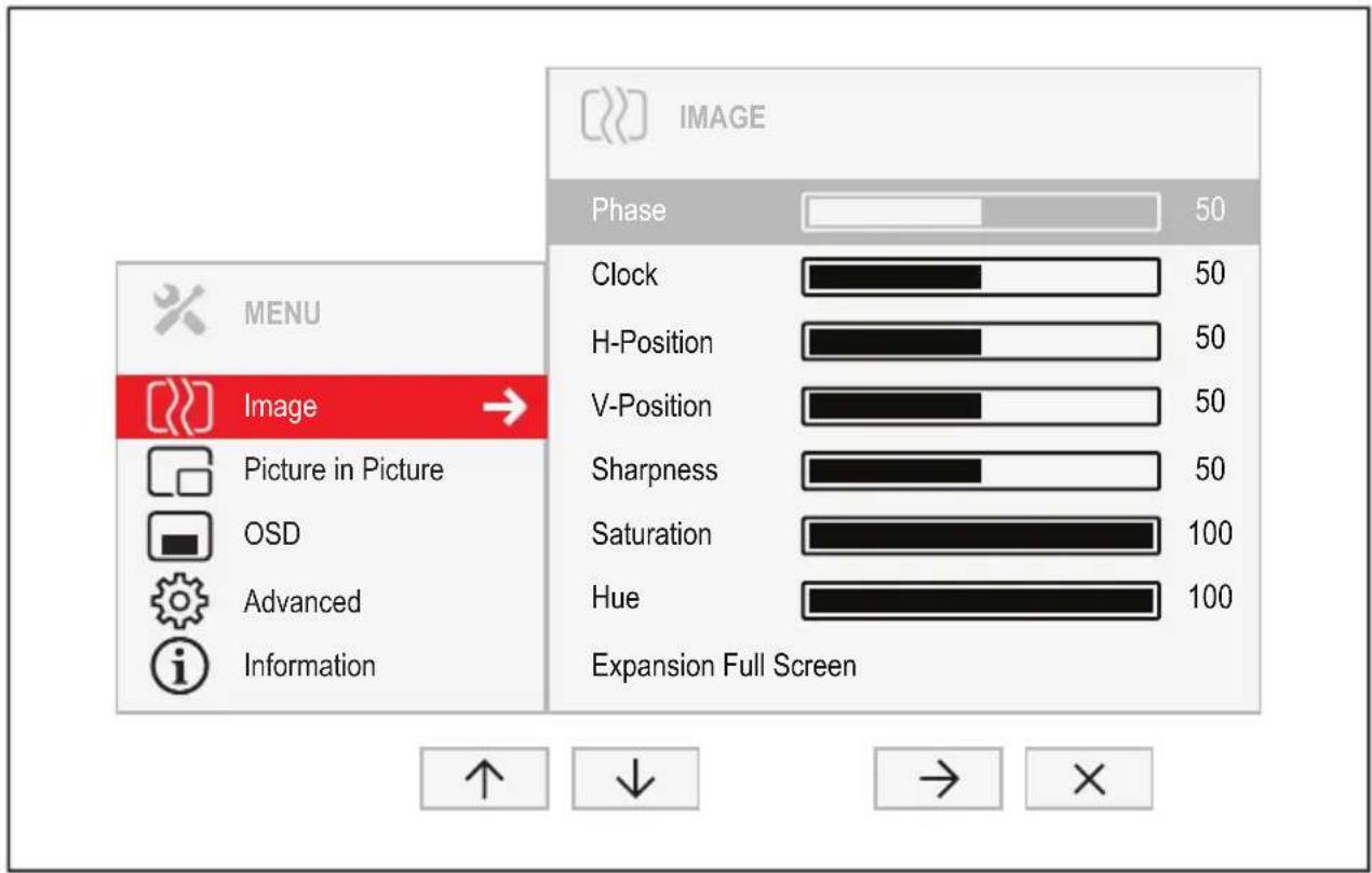 MENU Image Picture in Picture OSD Advanced Information Phase 50 Clock 50 H-Position 50 V-Position 50 Sharpness 50 Saturation 100 Hue 100 Expansion Full Screen