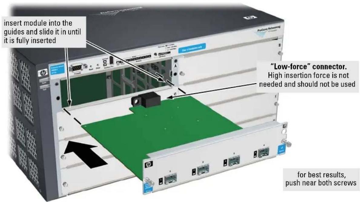 insert module into the guides and slide it in until it is fully inserted "Low-force" connector. High insertion force is not needed and should not be used for best results, push near both screws